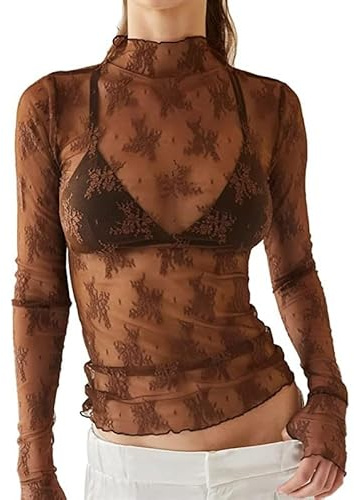 GIIWAKI - Haut en maille pour femmes avec manches longues superposées, col cheminant, broderie florale, transparent, à voir à travers, tee-shirt, blouse pour soirée, M