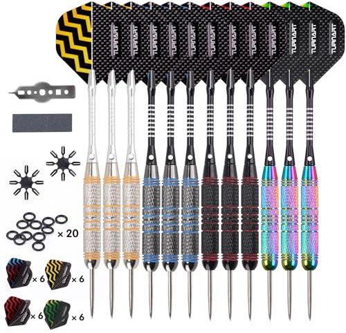 Turnart Fléchette Fléchettes Pointe Acier 12 pcs 24g Fléchettes Professionnelles 24 Ailes 12 Fléchettes avec 20 Anneaux en Caoutchouc Outil à Anneaux en Laiton Fléchettes (Coloré)