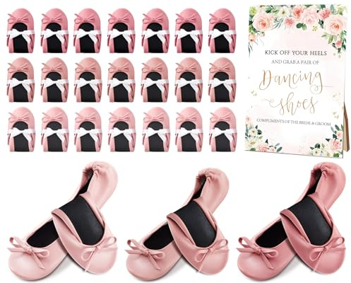 Jecery 24 Pairs Pink Foldable Ballet Flat for Wedding Guests Bulk