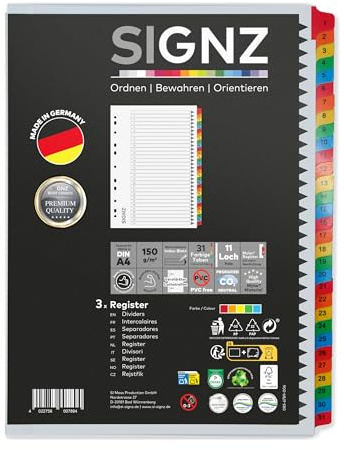 SIGNZ Register DIN A4, 31 - teilig, 3 Stück, extra starke Trennblätter, CO2-neutral hergestellt, made in Germany