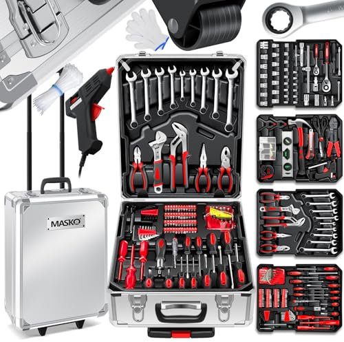 MASKO® Werkzeugkoffer 1400-teilig gefüllt | Werkzeugset im Aluminiumkoffer | Werkzeugkasten mit Rollen | Werkzeugkiste Haushalt, Haus, Hobby, KFZ | Trolley-Funktion | Werkzeugwagen Handwerkzeug