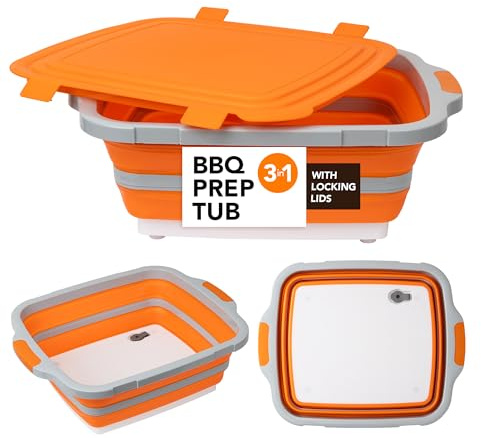 Collapsible Cutting Board(2.11 Gal/8L), BBQ Prep Tub with Locking Lid, Foldable Camping Sink with Colander, Multifunction Dish Basin for Kitchen, Bowl, Vegetable and Fruit, Storage Basket for Picnic