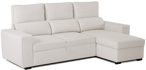 BUDWING Harper Sofá Cama 3 Plazas - Chaise Longue Reversible – Almacenamiento Integrado, Asiento Deslizante – Tapizado en 100% Poliéster – 248,5x156x103 cm – Beige Marfil