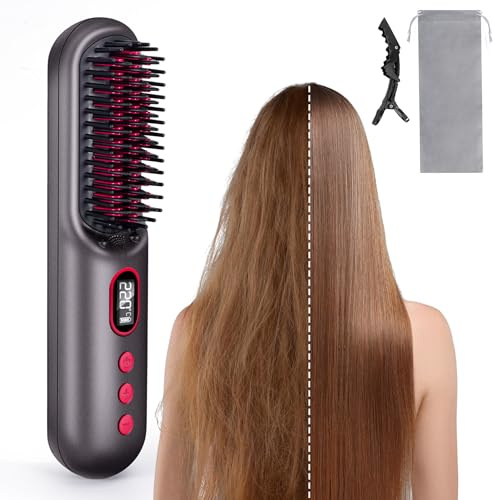 Nsyee Cordless Hair Straightener Brush - Gobrush Pro, 9000mAh Hot Brush Hair Straighteners, 11 Temp Settings (120~220℃), Fast Heating, USB Rechargeable, Heated Hot Comb for All Hair Types