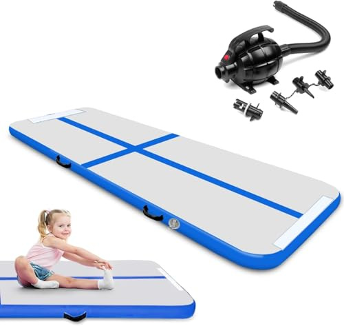 kiaster Colchoneta inflable para gimnasia 3m/4m/5m, Air Matte Tumble Track 10cm de grosor, para uso doméstico, entrenamiento, yoga, diversión acuática, pilates, gimnasio (Azul con bomba, 5M)