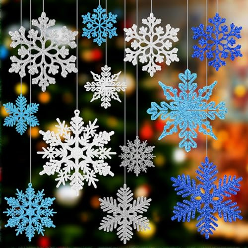 Chlorine 52 Pcs Blu Bianco Argento Glitter Fiocchi di Neve Ornamenti Fiocchi di Neve Decorazione per Albero di Natale, Accessori per Porte Finestre, Decorazioni per Festa di Capodanno
