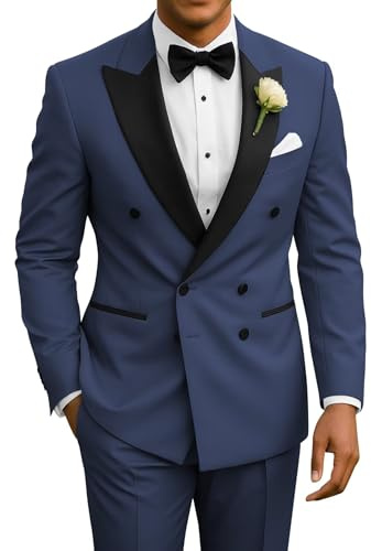 Wangyue Mens 2 Piece Suit Slim Fit Navy Double Breasted Suit Wedding Prom Suits for Men Formal Business