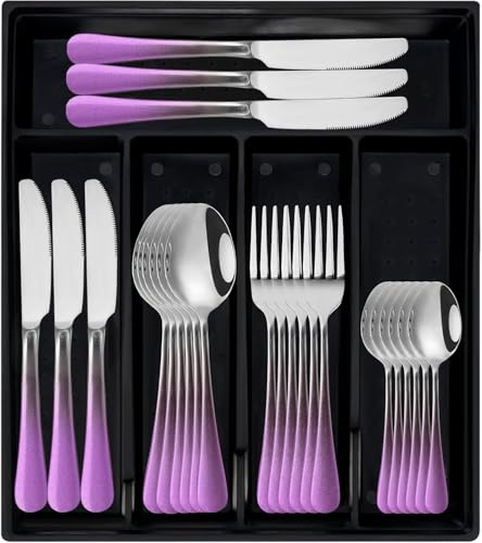 Gilded Silverware Set, 24 Piece Cutlery Set with Holder, Service for 6, Mirror Polished Tableware Set for Home Kitchen (Purple Silver)