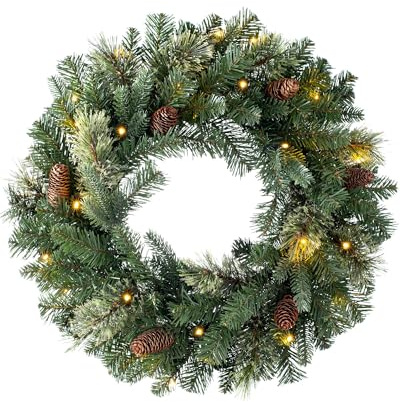 WeRChristmas Corona Natalizia in Pino Naturale Pre-illuminata con 20 luci a LED Calde, PVC, Multicolore, 2 feet/60cm
