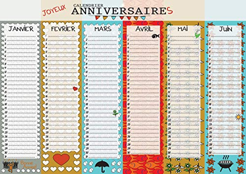 Calendario perpetuo Feliz cumpleaños | Formato A3 a doble cara | Calendario sin año para rellenar para fechas importantes y cumpleaños | Ilustrado y multicolor