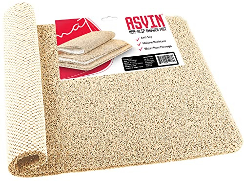 Asvin Soft Textured Beige Shower Mat Non Slip Anti Mould for Inside Shower & Bath 24x16 inch Phthalate Free Rubber Loofah Bathroom Mats for Slippery Surfaces, Quick Dry Antibacterial & Mould Resistant