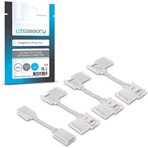 Litcessory Cut-End to Cut-End Extension Connector for Philips Hue/Solo Lightstrip (50mm, 4 Pack, White - MICRO 6-PIN V4 / Solo Lightstrip)