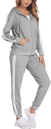 Parabler Abbigliamento Sportivo Donna Due Pezzi Tuta Jogging Abito Casual Giacca con Cappuccio e Pantaloni Sportivi Grigio S