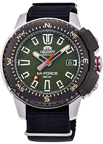 Orient M-Force Automatik Herren Armbanduhr aus Edelstahl und Nylon in der Farbe Schwarz-Silber-Grün 45mm, Wasserdichtigkeit: 20Bar, RA-AC0N03E10B