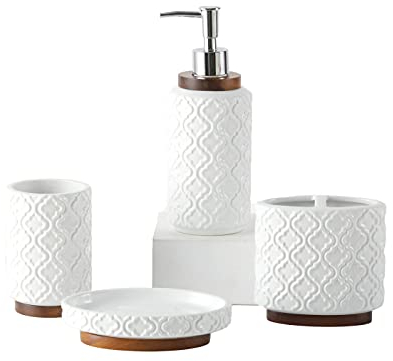 RQYIXI Embossed Ceramic Bathroom Accessory Set with Dark Brown Burnt Wood, Moroccan Trellis Patterns Soap Dispenser Set for Counter Top White Bathroom Set(Moroccan Trellis)