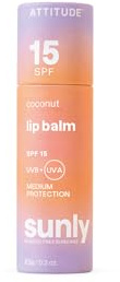 ATTITUDE Plastic-free Lip Balm with Sun Protection SPF 15, EWG Verified, Plant- and Mineral-Based Ingredients, Vegan, Coconut, 8.5 g
