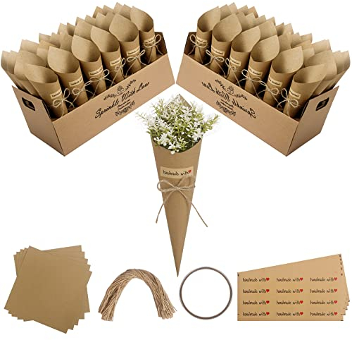 Sosayet 60 Pcs Cône en Papier Kraft Mariage avec Plateau à Confettis Style Portable pour Décoration de Mariage