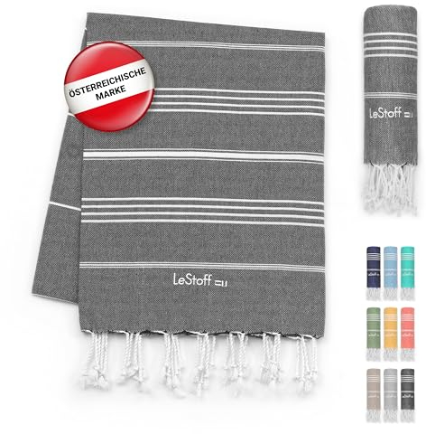 LeStoff Premium Hamamtuch XXL 200 x 200 cm - 100% Bio-Baumwolle, Vorgewaschen, Nachhaltig, Saugstark & Schnelltrocknend, Picknickdecke, Liegetuch, für Strand, Bad, Yoga, Camping & Reise (Schwarz)
