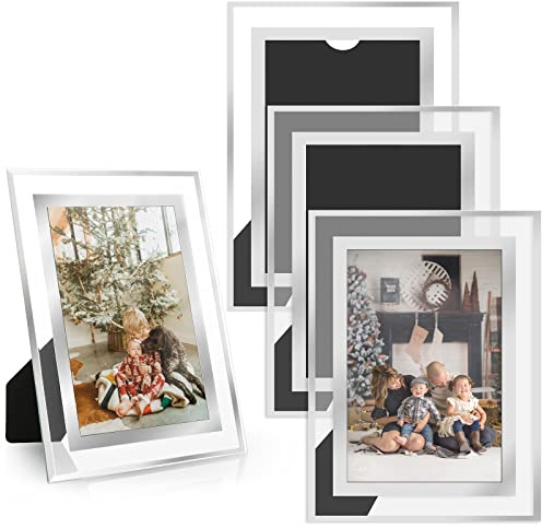 YOUNTHYE 4Pack Picture Frames 6x4, Glass Photo Frames Silver Mirrored Glass Frame Picture Frame for Tabletop Display Horizontally or Vertically, Home School office Decoration
