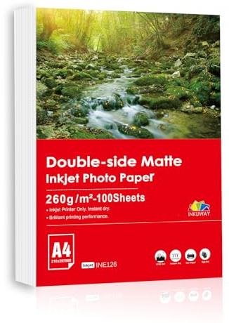 Inkuway A4 260gsm papel fotográfico de inyección de tinta mate de doble cara de espesor - 100 papel de impresión de inyección de tinta para folletos, tarjetas de libros fotográficos y cartón
