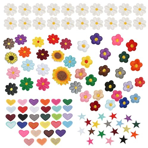109 parches termoadhesivos para coser, 18 parches para planchar, 22 flores, 31 corazones, 18 flores mixtas, 20 pequeñas margaritas