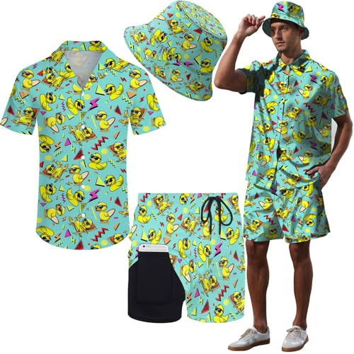 Tenue hawaïenne 2 pièces pour homme avec chemise et short - Ensemble tropical avec chapeau, Canard géométrique, L