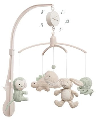 Baby's Only - Musik Mobile Baby Animals - Mit gestrickten Tieren - Baby Spieluhr mit Musik - Einfach anzubringen - Mobile Baby mit Musik - Sanfte Farben - Jungen und Mädchen - Laurel/Warm Linen