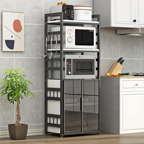 Estante para horno microondas, armario de almacenamiento de cocina con estantes ajustables, estante independiente para panaderos, armario con puerta de cristal para comedor, sala de estar y