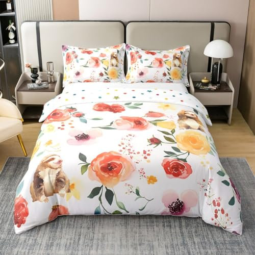 Kawaii Sloth 100% Baumwolle Bettbezug 155x220,Botanische Blumen Blätter Bettwäsche Set für Jungen Mädchen,Bauernhaus Wildlife Blossom Tröster Bezug,Cottagecore Boho Bettbezug mit Reißverschluss