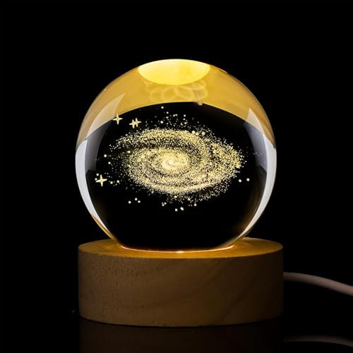 Elitecran Sfera di Cristallo 3D, Lampada Notturna a Sfera con Base in Legno, USB Luce Notturna di Galassia per Bambini, Decorazione in Cristallo Regali per Natale Giorno del Ringraziamento Compleanno