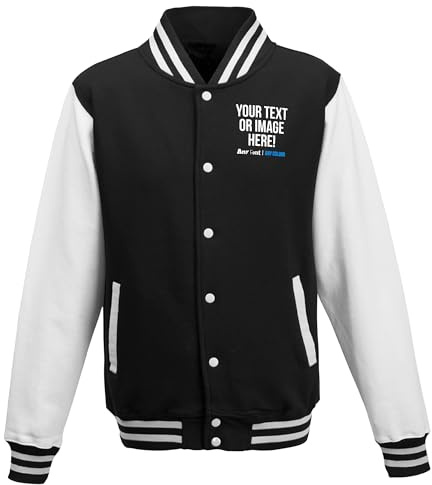 Purple Print House Custom Varsity Jacket Personalised Letterman Retro Style Sportswear Fashion Top with Any Text Image Logo or Team Badge, XXL, Black/White