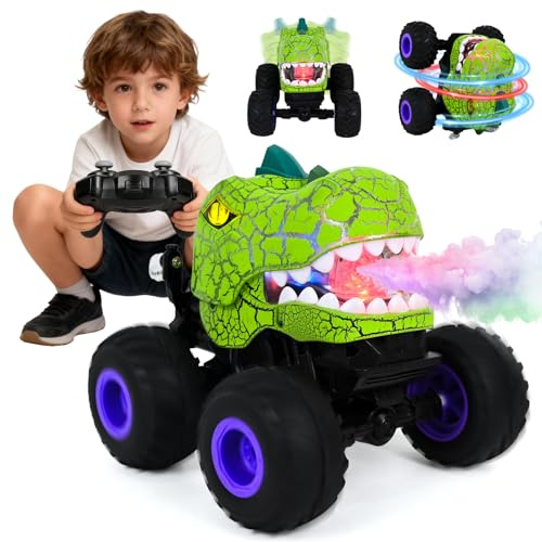 HERMORRYSS Macchina Telecomandata per Bambini, Monster Truck Telecomandato, 2.4Ghz Macchina Radiocomandata, con Spray, Luci, Suoni e Rotazione a 360°, Dinosauro Giocattolo per 3 4 5 6 7 8+ Anni