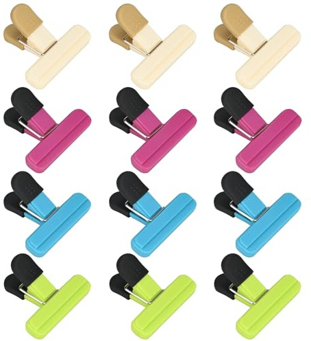 ouhos Tütenclips 12 Stück Verschlussclips, Schwarz Bunt Clips Für Tüten Beutel und Gefrierbeutel, Verschlussklammern Küche Dichtungsclip Beutelclips, Wiederverwendbar Tütenclips