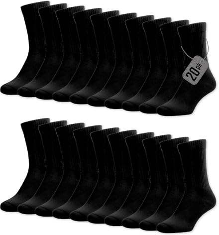 The Essentials Wardrobe Mens 20 Pack Terry Sports Socks - UK 6-8.5/EU 39-42.5 - Black