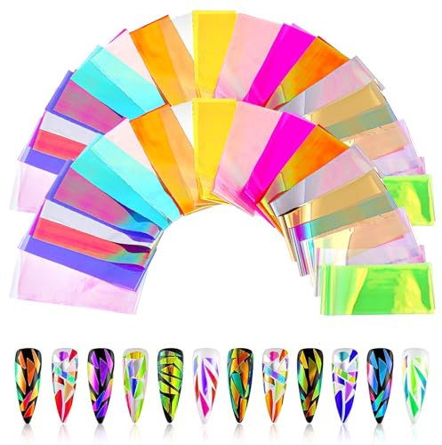 Ymapinc 100 Pcs Nail Foil Transfer Sheets, Iridescent Dichroic Glass Paper, Art Supplies, Rainbow Color Holographic Mirror Foils for Nail Art Design | Iridescent Dichroic Glass Paper, Art Supplies, Rainbow Color Holographic Mirror Foils for Nail Art Design