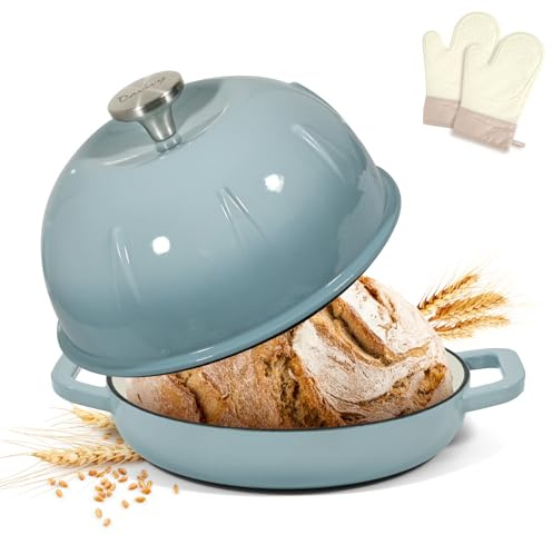 Davivy Forno olandese in ghisa smaltata da 5 l, per pane a lievitazione naturale, pentola olandese con coperchio a cupola, pentola per pane in ghisa, con guanti da forno, blu sale marino