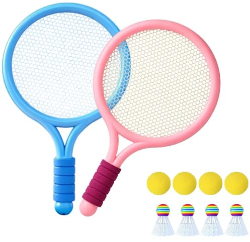 JOAASU Kids Tennis Rackets Set, Kids Badminton Set with 2 Plastic Tennis Rackets, 4 Shuttlecocks & 4 Tennis Balls for Children Aged 3+, Indoor Outdoor Family Sport Games
