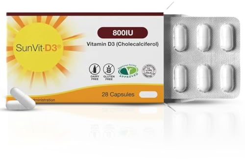 SunVit-D3 Vitamin D 800IU Capsules - Vitamin D3 Cholecalciferol Capsules Support the Maintenance of Bone, Teeth, Muscle & Immune System | Made in UK & GMP Approved - D3 Vitamins 28 Convenient Capsules