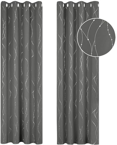 Deconovo Decorative Silver Dotted Line Foil Printed Blackout Curtains Thermal Insulated Curtains Eyelet Curtains for Baby Nursery 52 x 54 Inch Light Grey 2 Panels