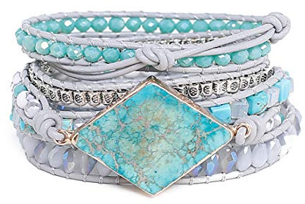 YGLINE Wrap Bracelets Crystal Beaded Bohemian Style Jasper Leather Woven Healing Stone Jewelry(Blue)