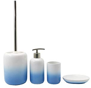 BM 4063 Set di Accessori da Bagno in Ceramica Sfumatura Bianco Blu, Set Accessori Bagno Completo 4 Pezzi, Dispenser, Portaspazzolino, Portasaponetta, Portascopino