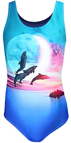 Aquarti Badeanzug Mädchen – Sportlicher Mädchen Badeanzug mit Ringerrücken Print, Farbe: Delfine Mond Rosa/Blau, Größe: 116