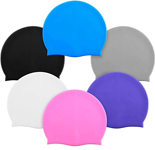 Syhood 6 Pieces Unisex Adult Silicone Swim Cap Waterproof Swimming Hat Non Slip Pool Hat Elastic Silicone Cap for Long and Short Hair(Black, Gray, White, Blue, Deep Purple, Pink)