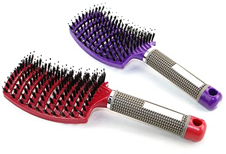 2 Stück Haarbürste (Rot und Violett), Wildschweinborsten Haarbürste, Haarbürste Ohne Ziepen, kann Haaröl verteilen, glättet Frizz, atmungsaktiv und beschleunigt das Trocknen
