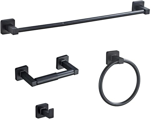 Matte Black Bathroom Hardware Set 4 Pieces,Bathroom Accessories Set Stainless Steel Wall Mounted, Hand Towel Bar, Towel Ring, Robe Towel Hooks,Toilet Paper Holder,Towel Bar Set, 23.6 Inch