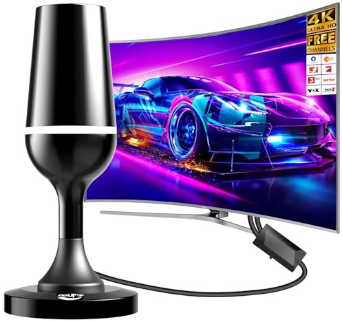 DVBT2 Antenna, Indoor Antenna DVB-T & DVB-T2 Antennas with Amplifier, Long Range and 360° Reception, Indoor Antenna for TVs with Strong Magnetic Base, Suitable for 4K 1080p and All TVs