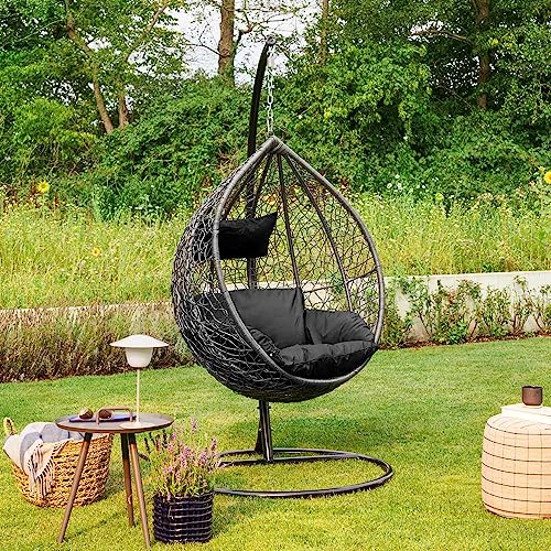 Home Deluxe - Hängesessel Cielo - Schwarz, Höhe 200 cm - inkl. Regenabdeckung, Gestell, Sitz- und Rückenkissen I Polyrattan Hängestuhl Gartenschaukel Hängekorb