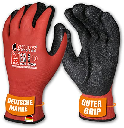 schutzmeister 12 Paar Premium Latex Paar Arbeitshandschuhe Herren - Größe 10/XL - Schutzhandschuhe mit flüssigkeitsabweisender Beschichtung, feines Tastgefühl, Handschuhe für Privat & Gewerbe