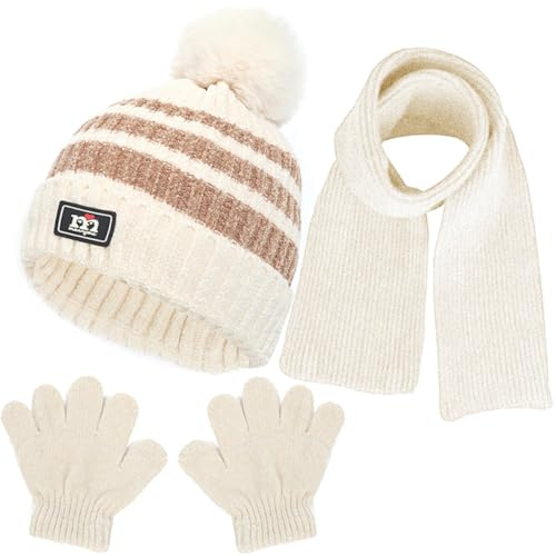 NLAND Set de Bufanda Gorro y Guantes para Niño Niña 3 Piezas Conjunto Accesorios de Invierno Gorro Térmico de Punto Bebé Cálido Guantes de Forro Polar para 1-5 Años(Beige,Talla única)
