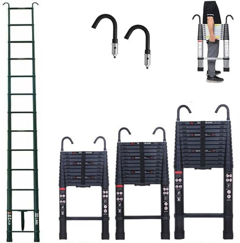 5M Telescopic Folding Ladder Black Aluminium Telescopic Ladder 95cm to 5m 12 Rungs Multi-Purpose Extendable Ladder with Non-Slip Feet & Detachable Hooks Extension Ladder for Home, Attic, Garden